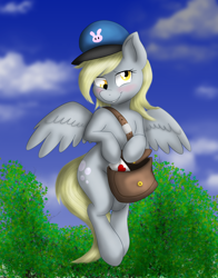 Size: 3000x3827 | Tagged: safe, artist:joey darkmeat, artist:kurausuki, imported from derpibooru, derpy hooves, semi-anthro, blushing, colored, female, hat, heart, letter, mailbag, mailpony, solo