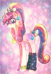 Size: 630x900 | Tagged: safe, artist:technaro, imported from derpibooru, princess cadance, 80's fashion, 80s hair, alternate hairstyle, bow, female, leg warmers, looking at you, solo, tail bow