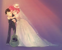 Size: 1271x1024 | Tagged: safe, artist:technaro, imported from derpibooru, pinkie pie, human, clothes, crossover, crossover shipping, cute, dan, dan pie, dan vs, dress, eyes closed, grin, guitar, hat, hug, humanized, shipping, smiling, tuxedo, wedding, wedding dress, wink