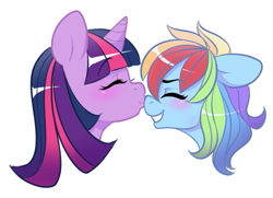 Size: 553x401 | Tagged: safe, artist:lolopan, imported from derpibooru, rainbow dash, twilight sparkle, pegasus, pony, unicorn, blushing, eyes closed, female, floppy ears, grin, kissing, lesbian, nose kiss, shipping, simple background, smiling, twidash, white background