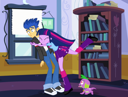 Size: 1422x1080 | Tagged: safe, edit, imported from derpibooru, flash sentry, spike, twilight sparkle, dog, equestria girls, equestria girls (movie), eyes on the prize, female, flashlight, looking at butt, love triangle, male, screenshots, shipping, spike the dog, straight, twispike