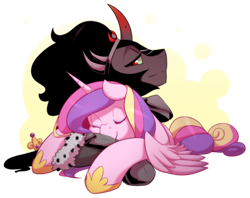 Size: 1004x795 | Tagged: safe, artist:mylittlesheepy, imported from derpibooru, king sombra, princess cadance, bedroom eyes, couple, cuddling, cute, cutedance, eyes closed, female, hug, infidelity, male, prone, shipping, simple background, sleeping, smiling, snuggling, sombradorable, somdance, straight, transparent background