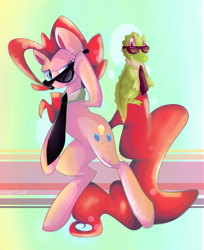 Size: 1130x1387 | Tagged: safe, artist:xshanika, imported from derpibooru, gummy, pinkie pie, pony, bipedal, necktie, simple background, sunglasses