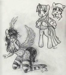 Size: 796x904 | Tagged: safe, artist:kikaru-studios, imported from derpibooru, derpy hooves, twilight sparkle, anthro, clothes, monochrome, sketch dump, socks, striped socks, traditional art, twilight sparkle (alicorn)