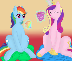 Size: 700x600 | Tagged: safe, artist:alex-mewmew, imported from derpibooru, princess cadance, rainbow dash, coffee, cute, duo, happy, levitation, magic, pillow, rainbow, smiling, telekinesis