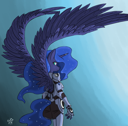 Size: 1405x1387 | Tagged: safe, artist:overkenzie, imported from derpibooru, princess luna, alicorn, anthro, armor, female, looking at you, looking back, solo, spread wings, warrior luna