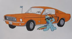 Size: 850x454 | Tagged: safe, artist:patridam, imported from derpibooru, rainbow dash, car, deal with it, female, ford, ford mustang, mustang, sitting, solo, traditional art