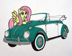 Size: 960x748 | Tagged: safe, artist:patridam, imported from derpibooru, fluttershy, car, convertible, female, solo, traditional art, volkswagen, volkswagen beetle