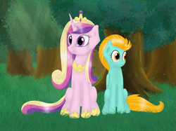 Size: 1371x1028 | Tagged: safe, artist:helen3, imported from derpibooru, lightning dust, princess cadance, cute, cutedance, duo, dustabetes, forest, friendshipping, happy, park