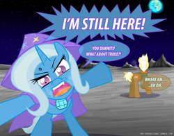 Size: 1018x800 | Tagged: safe, artist:ladyanidraws, imported from derpibooru, trenderhoof, trixie, pony, unicorn, angry, dialogue, earth, female, male, mare, moon, stallion