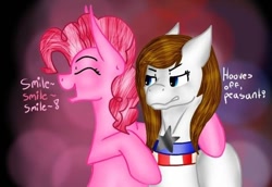 Size: 600x412 | Tagged: safe, artist:freedomnshit, imported from derpibooru, pinkie pie, oc, oc:colonial dawn, duo