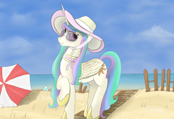 Size: 4000x2750 | Tagged: safe, artist:regolithx, imported from derpibooru, princess celestia, beach, female, hat, ocean, solo, sun hat, sunglasses, umbrella