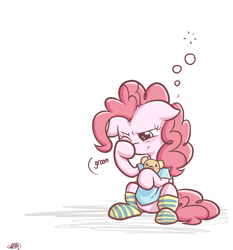 Size: 1400x1500 | Tagged: safe, artist:spikedmauler, imported from derpibooru, pinkie pie, earth pony, pony, clothes, female, floppy ears, shirt, simple background, sitting, sleepy, socks, solo, striped socks, teddy bear