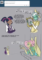 Size: 900x1288 | Tagged: safe, artist:egophiliac, imported from derpibooru, fluttershy, lyra heartstrings, twilight sparkle, human, steamquestria, ask, comic, cute, gray background, humanized, lyrabetes, music, simple background, singing, steampunk, tumblr