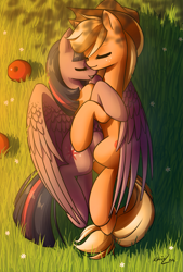 Size: 1215x1797 | Tagged: safe, artist:katputze, imported from derpibooru, applejack, twilight sparkle, alicorn, pony, cuddling, female, hug, lesbian, mare, shipping, snuggling, sunset, twijack, twilight sparkle (alicorn), winghug