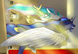 Size: 1280x896 | Tagged: safe, artist:backlash91, imported from derpibooru, princess celestia, princess luna, coffee, glomp, happy, hug, tackle