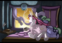 Size: 1600x1112 | Tagged: safe, artist:sceathlet, imported from derpibooru, princess celestia, bed, coffee, female, magic, morning ponies, newspaper, solo, sunrise, underhoof