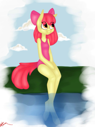 Size: 457x612 | Tagged: safe, artist:ridgessky, imported from derpibooru, apple bloom, anthro, arm hooves, clothes, female, one-piece swimsuit, solo, swimsuit