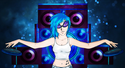 Size: 5489x3007 | Tagged: safe, artist:twitchygreyfox, imported from derpibooru, dj pon-3, vinyl scratch, human, female, homestuck reference, humanized, solo, speaker, speakers, tattoo