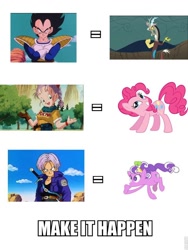 Size: 720x960 | Tagged: safe, imported from derpibooru, discord, pinkie pie, screwball, bulma, comparison chart, dragon ball, dragon ball z, exploitable meme, future trunks, image macro, make it happen, meme, mirai trunks, trunks, trunks (dragon ball), vegeta