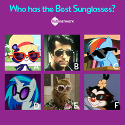 Size: 549x548 | Tagged: safe, imported from derpibooru, dj pon-3, rainbow dash, vinyl scratch, alf, animaniacs, dot warner, happy days, henry winkler, hub logo, hub network, littlest pet shop, official, penny ling, sunglasses, the fonz, the hub