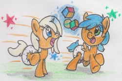 Size: 885x587 | Tagged: safe, artist:jumpstartatlas, imported from derpibooru, oc, oc only, oc:amber heart, oc:dreamsicle, pony, baby, baby pony, cute, diaper, foal, poofy diaper