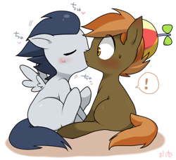 Size: 450x411 | Tagged: safe, artist:oniku, imported from derpibooru, button mash, rumble, earth pony, pegasus, pony, blushing, cheek kiss, colt, cute, duo, exclamation point, eyes closed, frown, gay, heart, japanese, kissing, male, rumblemash, shipping, shivering, sitting, spread wings, surprise kiss, surprised, sweat, sweatdrop, wide eyes