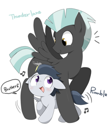 Size: 1100x1246 | Tagged: safe, artist:oniku, imported from derpibooru, rumble, thunderlane, pegasus, pony, brothers, colt, cute, male, music notes, rumblebetes, simple background, speech bubble, stallion, thunderbetes, white background