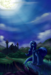 Size: 1950x2850 | Tagged: safe, artist:grennadder, imported from derpibooru, princess luna, castle, castle of the royal pony sisters, crepuscular rays, crying, everfree forest, female, mare in the moon, moon, night, sad, scenery, solo