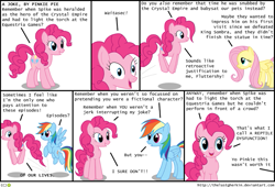 Size: 735x500 | Tagged: safe, artist:thelastgherkin, imported from derpibooru, fluttershy, pinkie pie, rainbow dash, comic, continuity, dinosaur comics, joke, spike drama