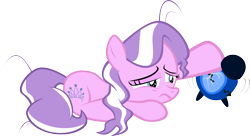 Size: 1093x594 | Tagged: safe, artist:magerblutooth, imported from derpibooru, diamond tiara, alarm clock, bed mane, female, missing accessory, morning ponies, simple background, solo, transparent background, vector