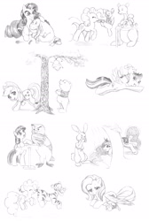 Size: 2000x2969 | Tagged: safe, artist:dstears, imported from derpibooru, applejack, fluttershy, pinkie pie, princess luna, rainbow dash, rarity, twilight sparkle, alicorn, owl, pony, rabbit, applebucking, crossover, eeyore, facepalm, female, kanga, mare, monochrome, piglet, roo, stuck, this will end in tears, tigger, twilight sparkle (alicorn), winnie the pooh