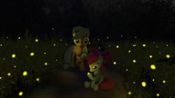 Size: 2560x1440 | Tagged: safe, artist:zigidi94, imported from derpibooru, apple bloom, applejack, firefly (insect), 3d, forest, happy, hatless, missing accessory, night, source filmmaker