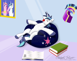 Size: 1024x815 | Tagged: safe, artist:cloclo2388, imported from derpibooru, princess cadance, shining armor, beanbag chair, book, helmet, picture, picture frame, sleeping, watermark