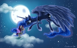 Size: 1280x800 | Tagged: safe, artist:yourdarkesthorror, imported from derpibooru, princess luna, oc, cloud, cloudy, filly, flying, large wings, moon, stars