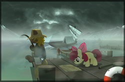 Size: 2000x1320 | Tagged: safe, artist:vulfixeven, imported from derpibooru, apple bloom, boat, dark, fishing, fog, harbor