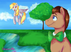 Size: 5456x4000 | Tagged: safe, artist:caranella, imported from derpibooru, derpy hooves, doctor whooves, time turner, pegasus, pony, cloud, cloudy, doctorderpy, female, flying, male, mare, shipping, straight, tree