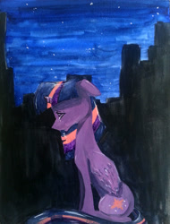 Size: 2316x3048 | Tagged: safe, artist:porkchopsammie, imported from derpibooru, twilight sparkle, alicorn, pony, broken horn, city, crying, female, mare, sad, sitting, solo, twilight sparkle (alicorn)