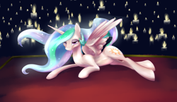 Size: 1950x1126 | Tagged: artist needed, safe, artist:humanized-equestria, imported from derpibooru, princess celestia, alicorn, pony, female, looking at you, lying down, mare, prone, smiling, smiling at you, solo, spread wings, wings