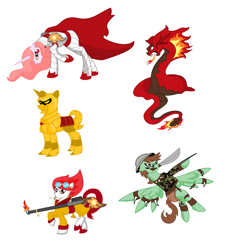 Size: 2615x2895 | Tagged: safe, artist:splinterstar, deleted from derpibooru, imported from derpibooru, oc, oc only, earth pony, pegasus, pony, serpent, snake, unicorn, adventurer, armor, cape, clothes, concept art, fire, flamethrower, gun, monster, solar empire, sword