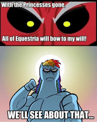 Size: 1315x1648 | Tagged: safe, artist:hotdiggedydemon, edit, edited screencap, imported from derpibooru, screencap, rainbow dash, .mov, swag.mov, twilight's kingdom, exploitable meme, gigadash, image macro, meme, pony.mov, tirek vs everyone meme