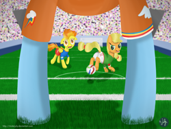 Size: 4000x3000 | Tagged: safe, artist:misterjuly, imported from derpibooru, applejack, rainbow dash, spitfire, football, hoers, sports