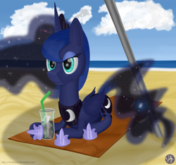 Size: 4000x3750 | Tagged: safe, artist:misterjuly, imported from derpibooru, princess luna, beach, drink, female, solo