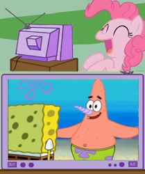 Size: 1412x1688 | Tagged: safe, imported from derpibooru, pinkie pie, pony, unicorn, brony, exploitable meme, funny, meme, no nose knows, obligatory pony, patrick star, spongebob squarepants, spongebob squarepants (character), tv meme