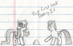 Size: 495x314 | Tagged: safe, imported from derpibooru, fluttershy, maud pie, lined paper, monochrome, rock, traditional art