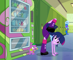 Size: 1032x844 | Tagged: safe, edit, hundreds of users filter this tag, imported from derpibooru, screencap, spike, trixie, twilight sparkle, dog, equestria girls, clothes, female, male, out of context, screenshots, shipping, skirt, spike the dog, straight, twispike, upskirt