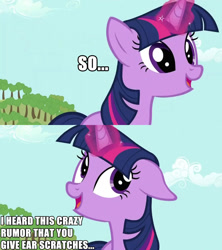 Size: 960x1080 | Tagged: safe, edit, imported from derpibooru, screencap, twilight sparkle, lesson zero, bronybait, caption, cloud, coy, cute, daaaaaaaaaaaw, ear scratch, floppy ears, image macro, magic, meme, sky, tree