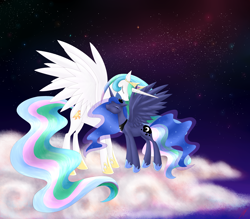 Size: 4000x3500 | Tagged: safe, artist:cosmalumi, artist:its-gloomy, imported from derpibooru, princess celestia, princess luna, cloud, nuzzling, sisters