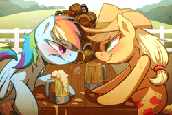 Size: 1200x800 | Tagged: safe, artist:braeburned, deleted from derpibooru, imported from derpibooru, applejack, rainbow dash, earth pony, pegasus, pony, blushing, cider, competition, contest, cowboy hat, dashaholic, drinking, drinking contest, drunk, drunk aj, drunker dash, duo, eye contact, female, hat, mare, pile, table