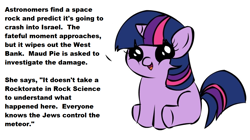 Size: 1194x668 | Tagged: safe, imported from derpibooru, twilight sparkle, pony, unicorn, antisemitism, exploitable meme, female, filly, filly twilight sparkle, filly twilight telling an offensive joke, fily, jew, meme, obligatory pony, op is a duck, out of character, pun, racism, simple background, solo, unicorn twilight, white background, younger